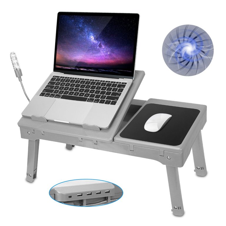 Foldable Laptop Table Bed Desk With Cooling Fan Mouse Board LED 4 USB Ports Snacking Tray with Storage for Home Office - Gray