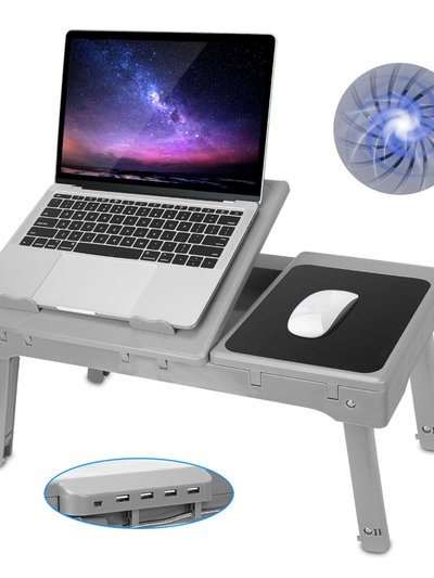 Fresh Fab Finds Foldable Laptop Table Bed Desk With Cooling Fan Mouse Board LED 4 USB Ports Snacking Tray with Storage for Home Office - Gray product