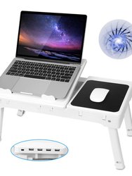 Foldable Laptop Table Bed Desk With Cooling Fan Mouse Board LED 4 USB Ports Snacking Tray with Storage for Home Office - White