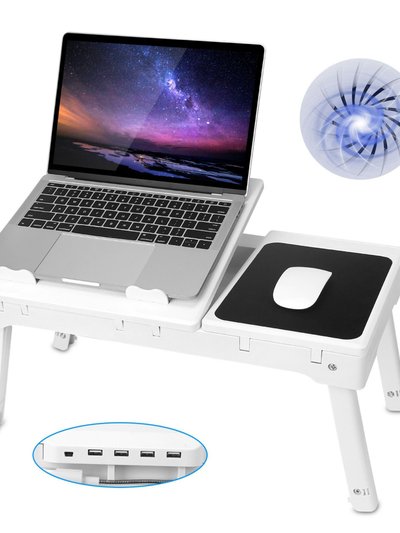 Fresh Fab Finds Foldable Laptop Table Bed Desk With Cooling Fan Mouse Board LED 4 USB Ports Snacking Tray with Storage for Home Office - White product
