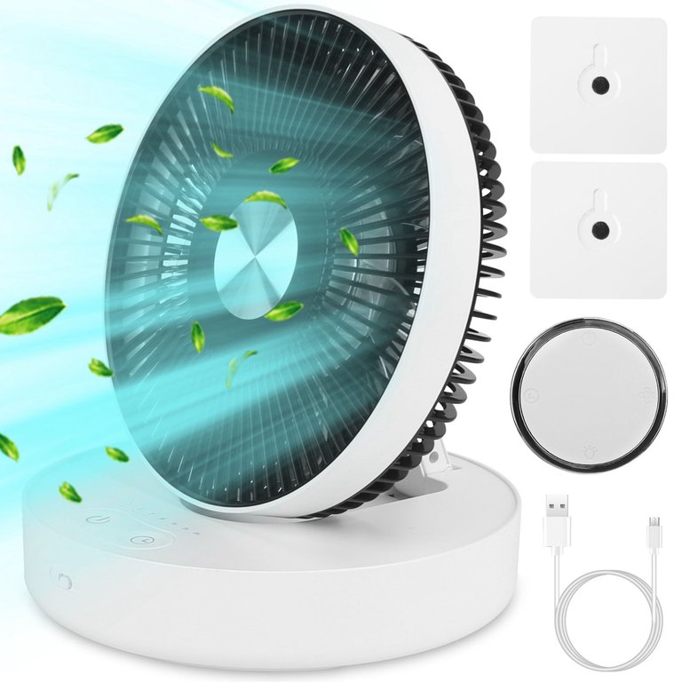 Foldable Rechargeable LED Desk Fan - Wall Mounted, Magnetic Remote, 4 Speeds, 2 Brightness, Time Setting - White