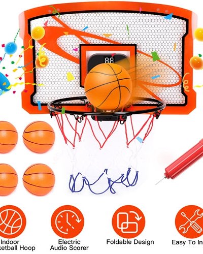 Fresh Fab Finds Indoor Mini Basketball Hoop Set Over Door Basketball Hoop with 4 Inflatable Balls Electric Audio Scorer Foldable Basket Gift for Kids and Adults product
