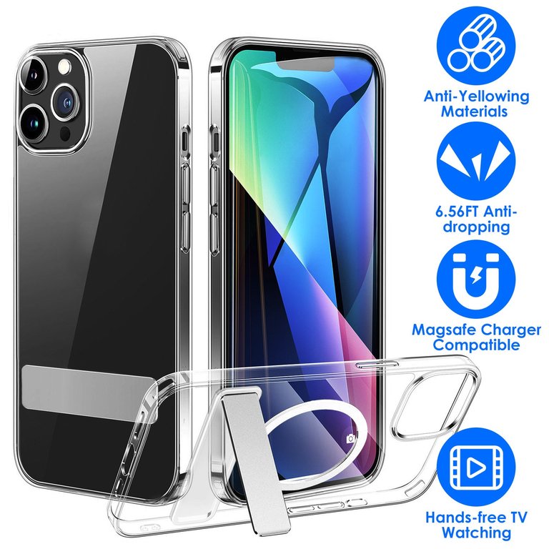 Magnetic Metal Kickstand Clear Case Shockproof Anti Yellowing Phone Cover Compatible With Magsafe Fit For IOS Phone 14 Pro Max