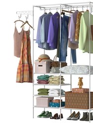 Metal Garment Rack Shoe Clothing Organizer Shelves Freestanding Multifunctional Clothes Wardrobe - White