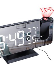 Mirror LED Projection Alarm Clock - Dual Alarms, USB Port, 4 Dimmer, 12/24 Hour - Black