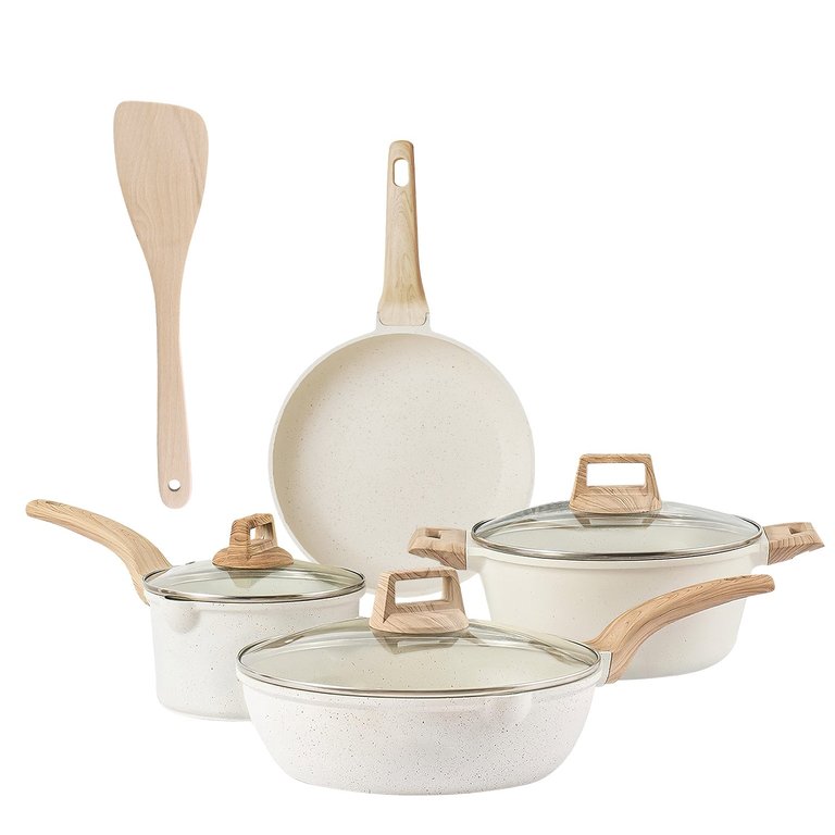 New Home Kitchen Set: White Nonstick Granite, Even Heat, Induction Ready, Dishwasher Safe - White