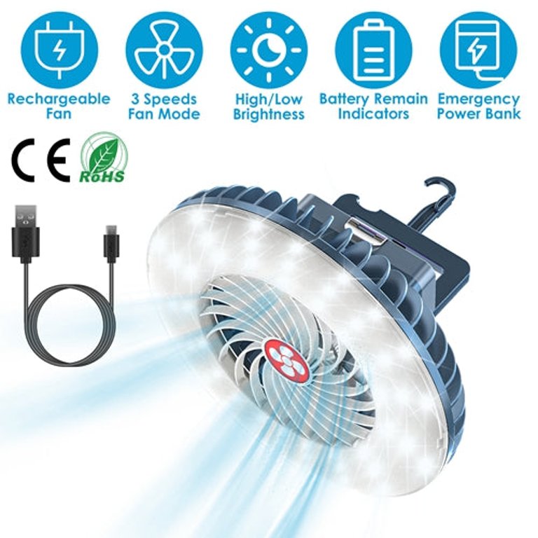 Portable Camping Fan Rechargeable Hanging Tent Lamp Emergency Power Bank with 3 Fan Speeds 2 Lighting Brightness