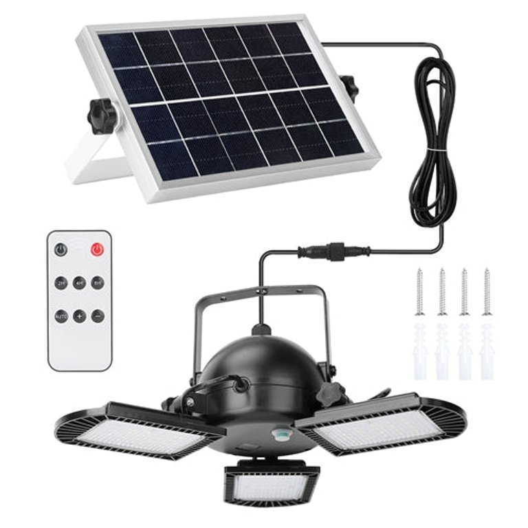 Solar Pendant Lights IP65 Waterproof Shed Light 120° Adjustable Garage Light With 3 Timing Modes 4 Brightness Levels Remote Control for Patio Porch