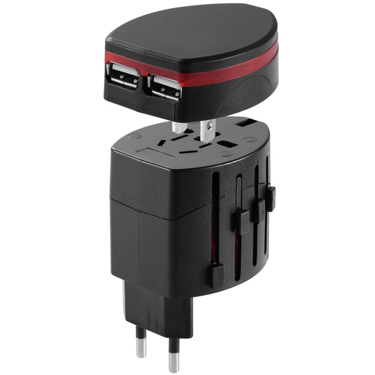 Universal Travel Power Adapter - All-in-One Wall Charger with 2 USB Ports - US UK EU AU Plug - for Phones, Tablets, Cameras - Black