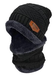 Winter Beanie Hat Scarf Set Unisex Warm Knitting Skull Cap Neck Warmer For Walking Running Hiking Camping Outdoors Gift - Black - Black