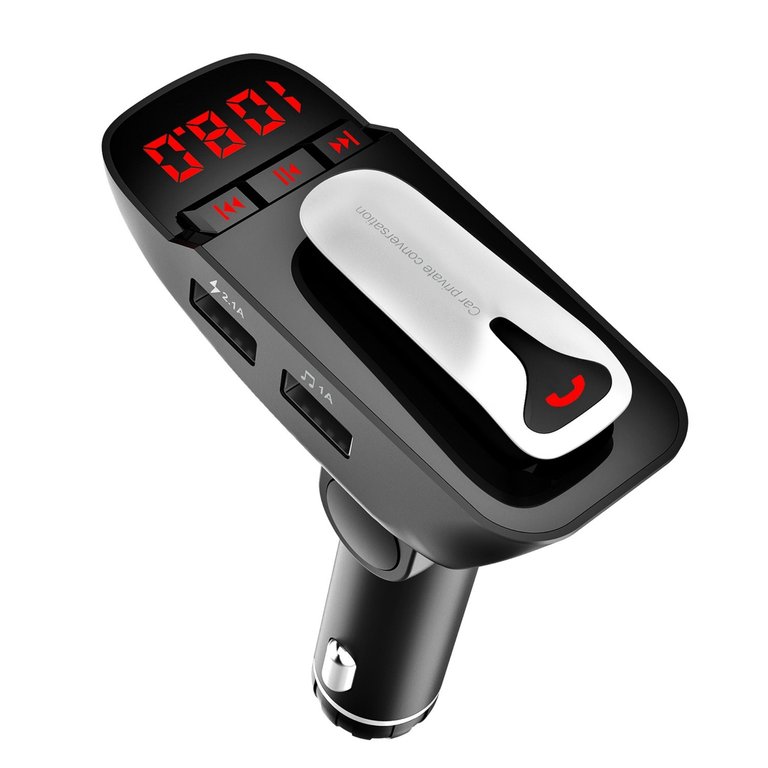 Wireless Car FM Transmitter w/ Hands-free Call, 2 USB Charge Ports, MP3 Player, TF Card & Aux-In - Black
