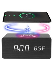 Wireless Charger Alarm Clock With Voice Control & Temperature Display (Black) - Black