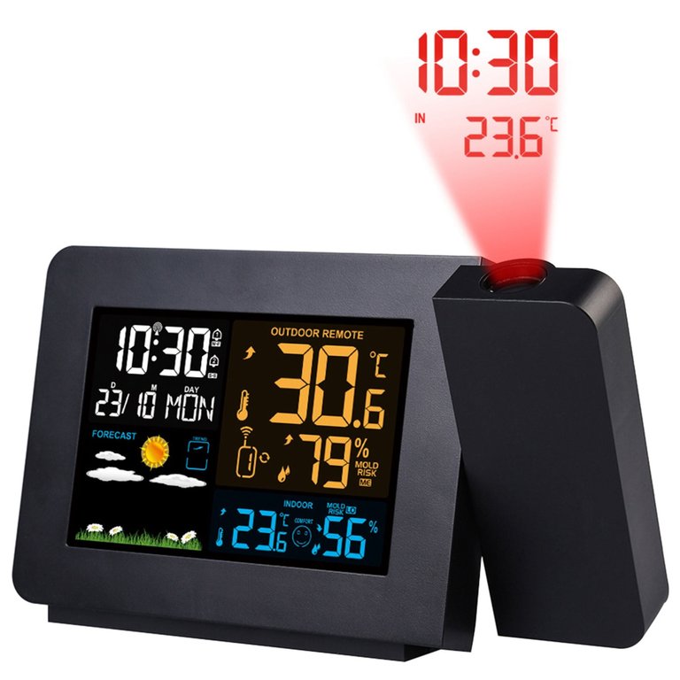 Wireless Weather Station with Atomic Projection Alarm Clock, Dual Alarms, and Outdoor Sensor - Black