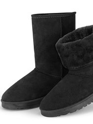 Women Ladies Snow Boots Waterproof Faux Suede Mid-Calf Boots Fur Warm Lining Shoes - Black - 7 - Black