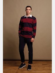 Front Row Sewn Stripe Long Sleeve Sports Rugby Polo Shirt (Burgundy/Navy)