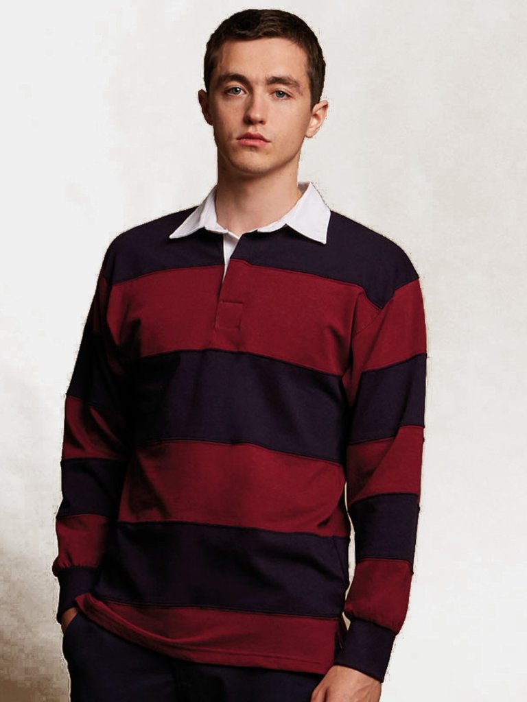 Front Row Sewn Stripe Long Sleeve Sports Rugby Polo Shirt (Burgundy/Navy)