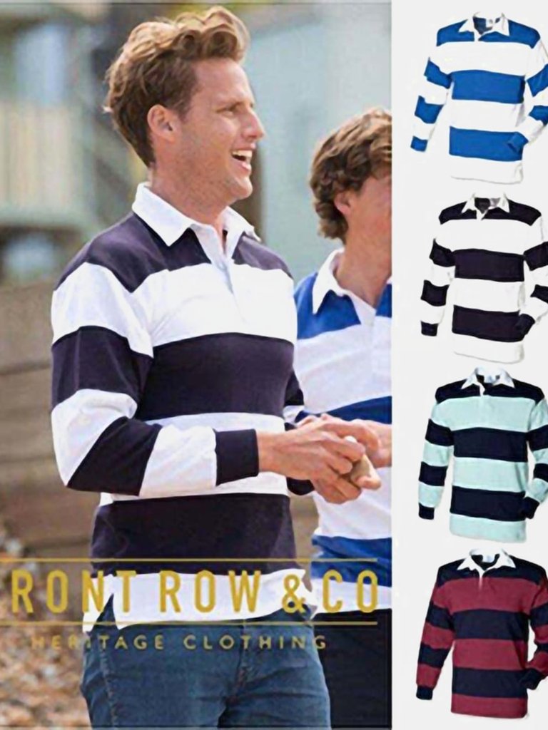 Front Row Sewn Stripe Long Sleeve Sports Rugby Polo Shirt (White & Navy (White collar))