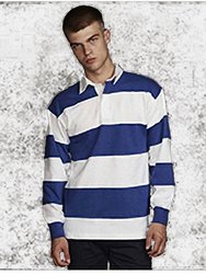 Front Row Sewn Stripe Long Sleeve Sports Rugby Polo Shirt (White & Royal (White collar))