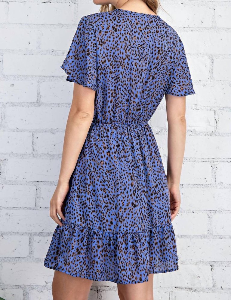 Leopard Print Surplice Dress In Indigo Blue