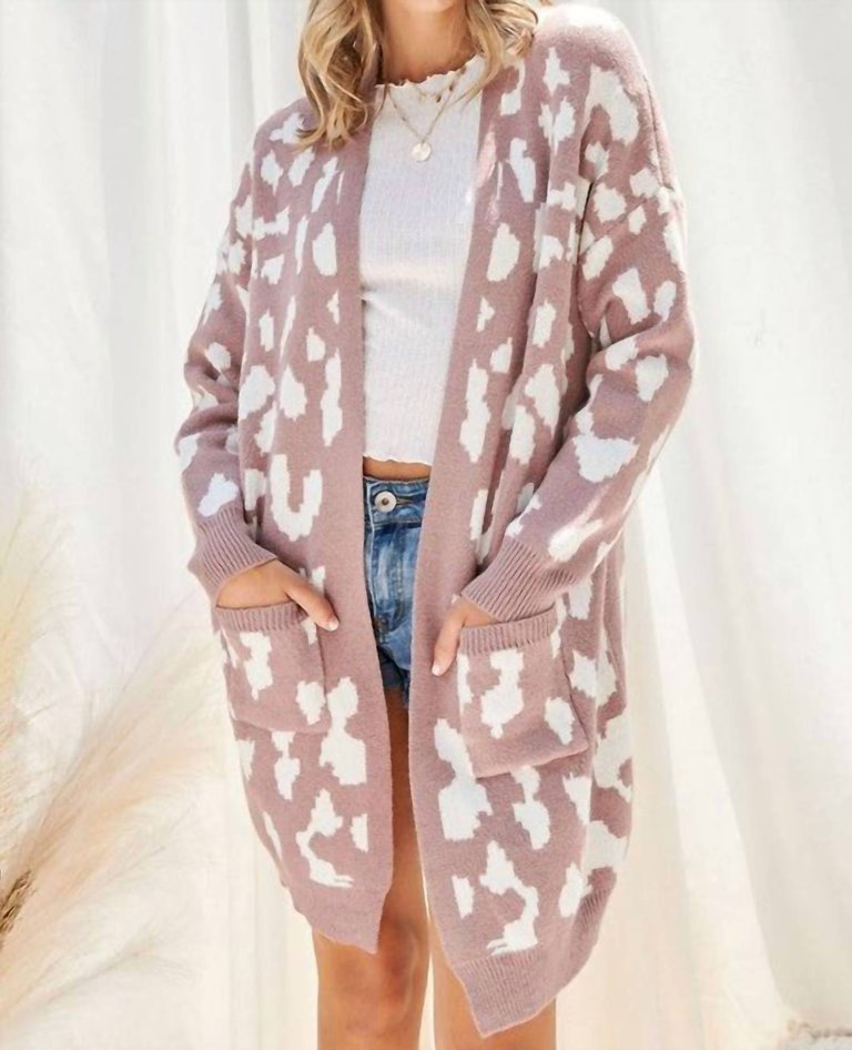 Leopard Print Sweater Cardigan In Dusty Lilac - Dusty Lilac