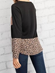 Leopard Top With Rose Gold Sequin Pocket Tee - Black