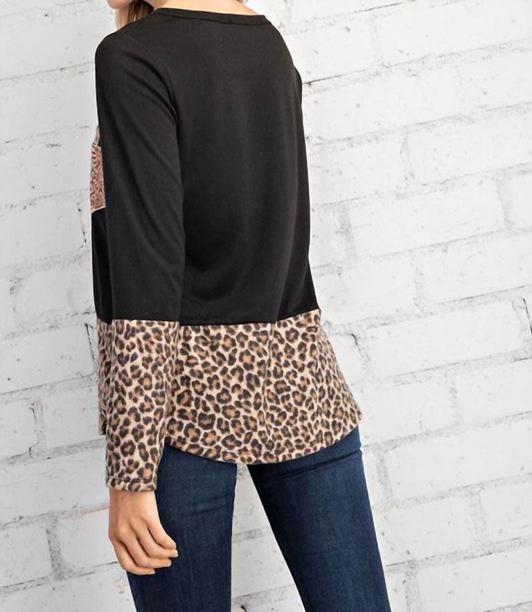 Leopard Top With Rose Gold Sequin Pocket Tee - Black