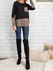 Leopard Top With Rose Gold Sequin Pocket Tee - Black - Black