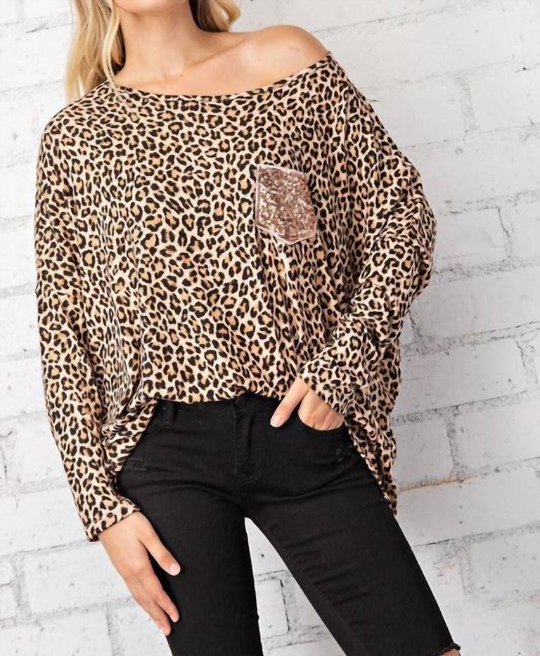 Leopard Top With Rose Gold Sequin Pocket Tee - Leopard Print - Leopard Print