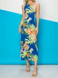 Tropical Printed One Shoulder Maxi Dress - Royal Blue