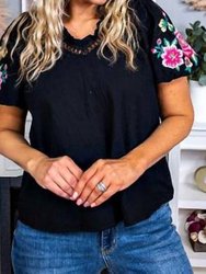 Floral Embroidered Bubble Sleeve Frill V Neck Top In Black Floral Embroidered - Black Floral Embroidered