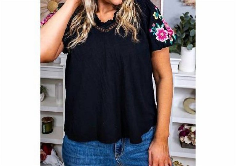 Floral Embroidered Bubble Sleeve Frill V Neck Top In Black Floral Embroidered
