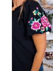 Floral Embroidered Bubble Sleeve Frill V Neck Top In Black Floral Embroidered