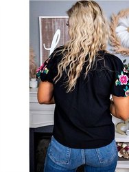 Floral Embroidered Bubble Sleeve Frill V Neck Top In Black Floral Embroidered