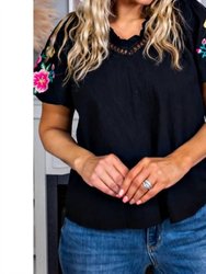 Floral Embroidered Bubble Sleeve Frill V Neck Top In Black Floral Embroidered