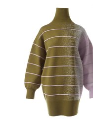 Della Ottoman/ Jacquard Knit Sweater Dress - Avocado Green/Grey/Light Purple