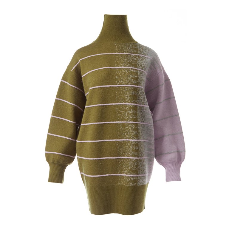 Della Ottoman/ Jacquard Knit Sweater Dress - Avocado Green/Grey/Light Purple