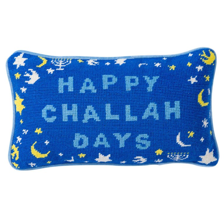 Happy Challah Days Needlepoint Pillow In Sky Blue - Sky Blue