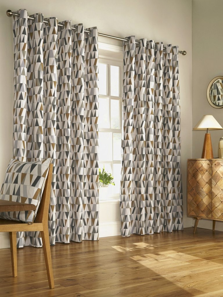 Furn Reno Ringtop Geometric Eyelet Curtains (Charcoal/Gold) (90in x 90in) (90in x 90in) - Charcoal/Gold