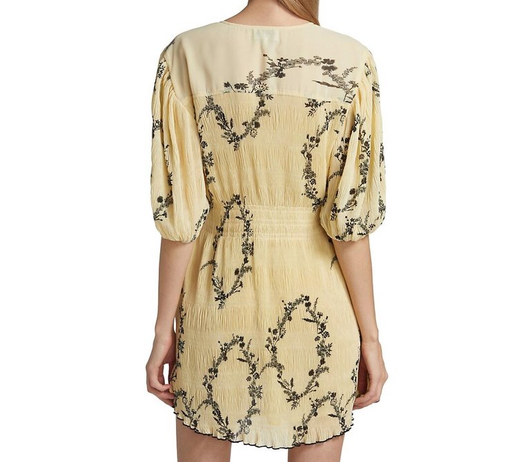 Floral Georgette V-Neck Puff Sleeve Pleated Mini Dress