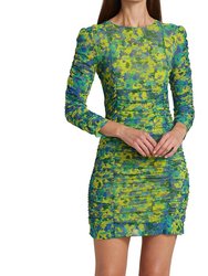 Printed Mesh Ruched Mini Dress - Sulphur Spring