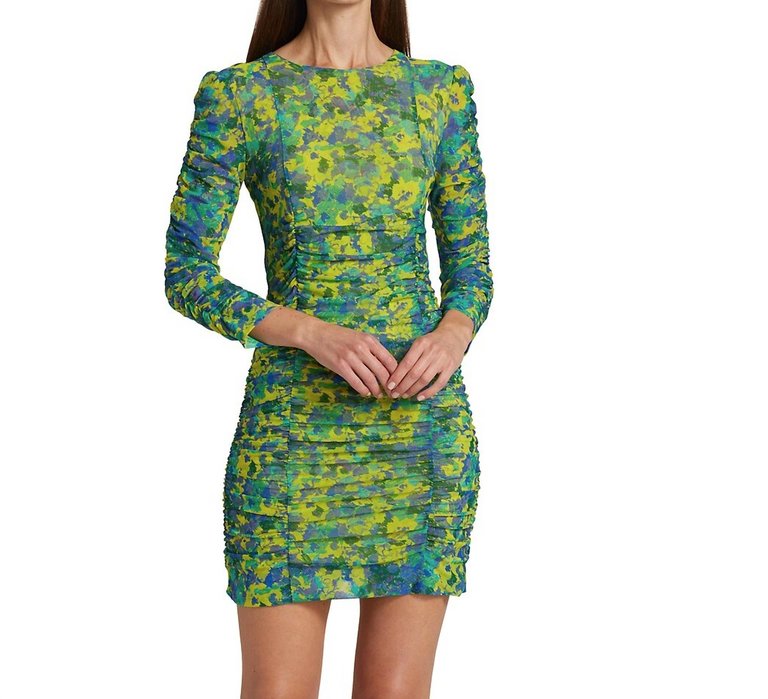 Printed Mesh Ruched Mini Dress - Sulphur Spring