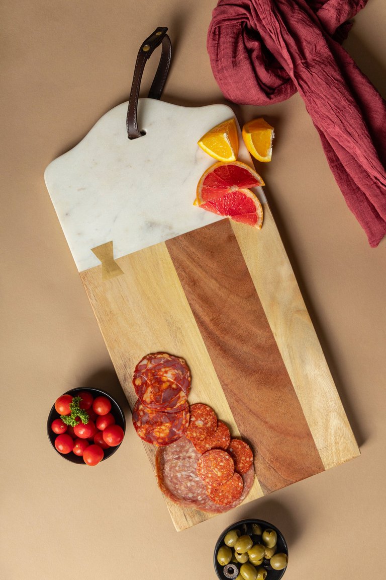 Darvaza White Marble & Wood Cutting Board - White and brown