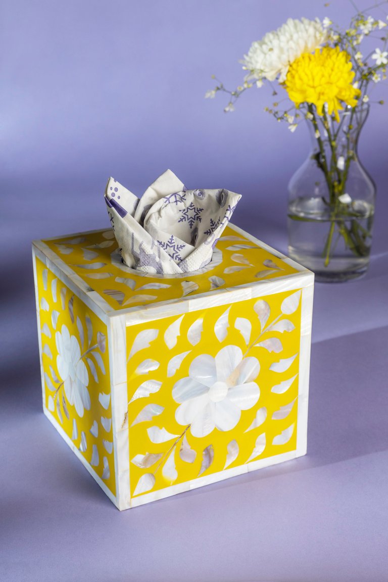Jodhpur Mother of Pearl Tissue Box Cover - Mustard / Ivory