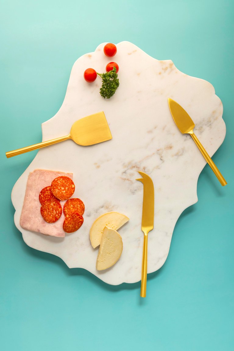 Jubilant Marble Cheese Board With Gold Knives - White