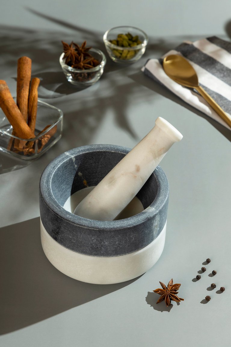 Kismet Marble Mortar Pestle - White & Gray