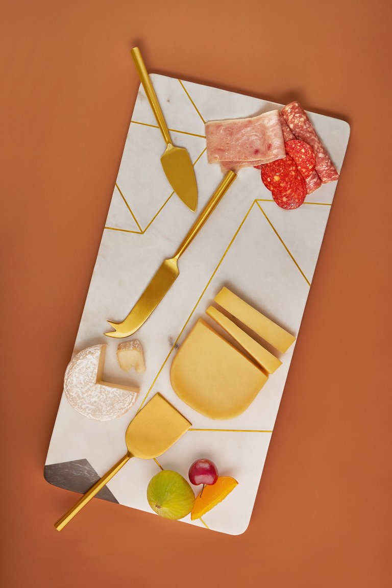 Moonlight Marble Serving Board With Knives - White and Gold