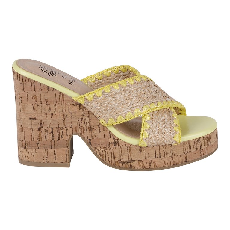 Elsa Yellow Woven Cross Strap Wooden Platform Heeled Sandals - Yellow