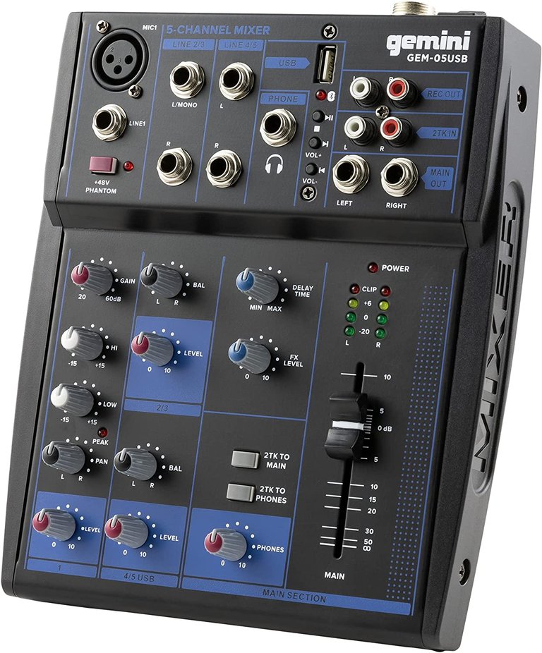 GEM-05USB Compact 5 Channel Bluetooth Audio Mixer With USB 5 Ins, 2 Bus, 2 Band EQ - Black