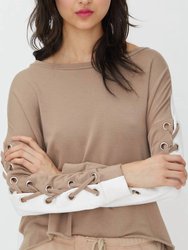 Alexis Lace Up Sweatshirt - Tan/White