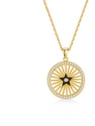 14k Gold Plated With Diamond Cubic Zirconia Rays Of Light Black Enamel Star Medallion Pendant Necklace - Gold
